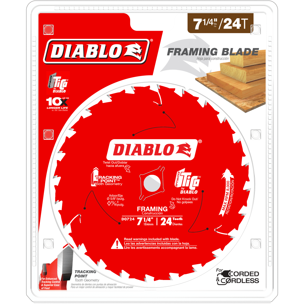 Diablo framing blade packaging with red circular saw blade and branding on a white background