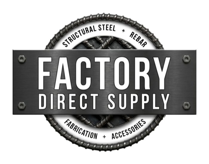 A rectangular brushed-metal sign reading 'FACTORY DIRECT SUPPLY' in white lettering, mounted in front of a circular industrial emblem with steel rebar imagery and the words 'STRUCTURAL STEEL + REBAR' and 'FABRICATION + ACCESSORIES' on a white background.