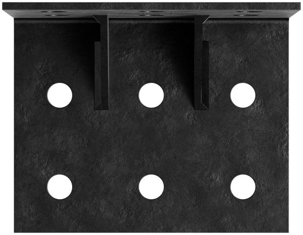 Black metal bracket with multiple holes on a white background