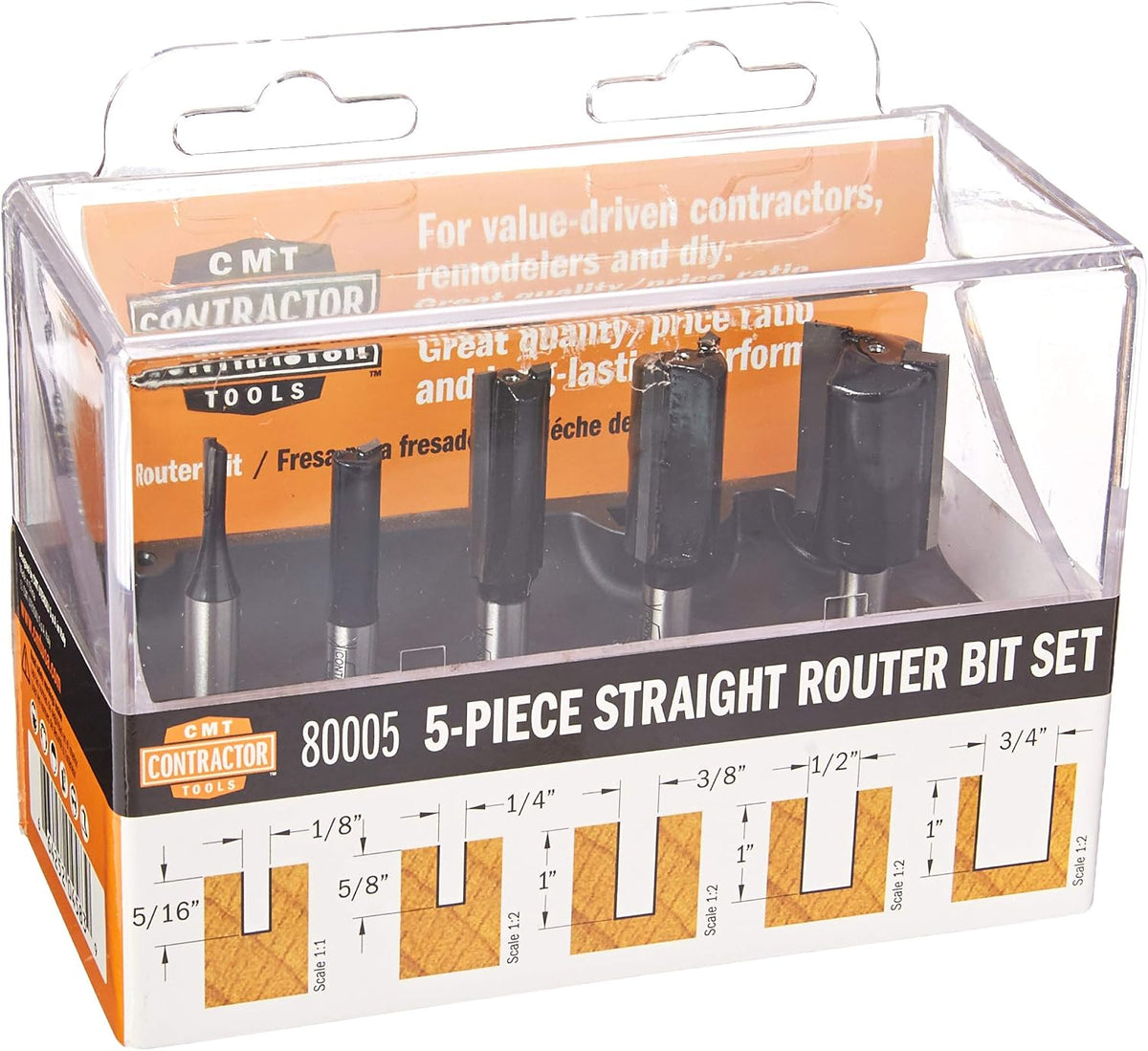 CMT 80005 5 Pc Straight Router Bit Set Shank: 1/4" Diameter: 1/8"-1/4"-3/8"-1/2"-3/4"