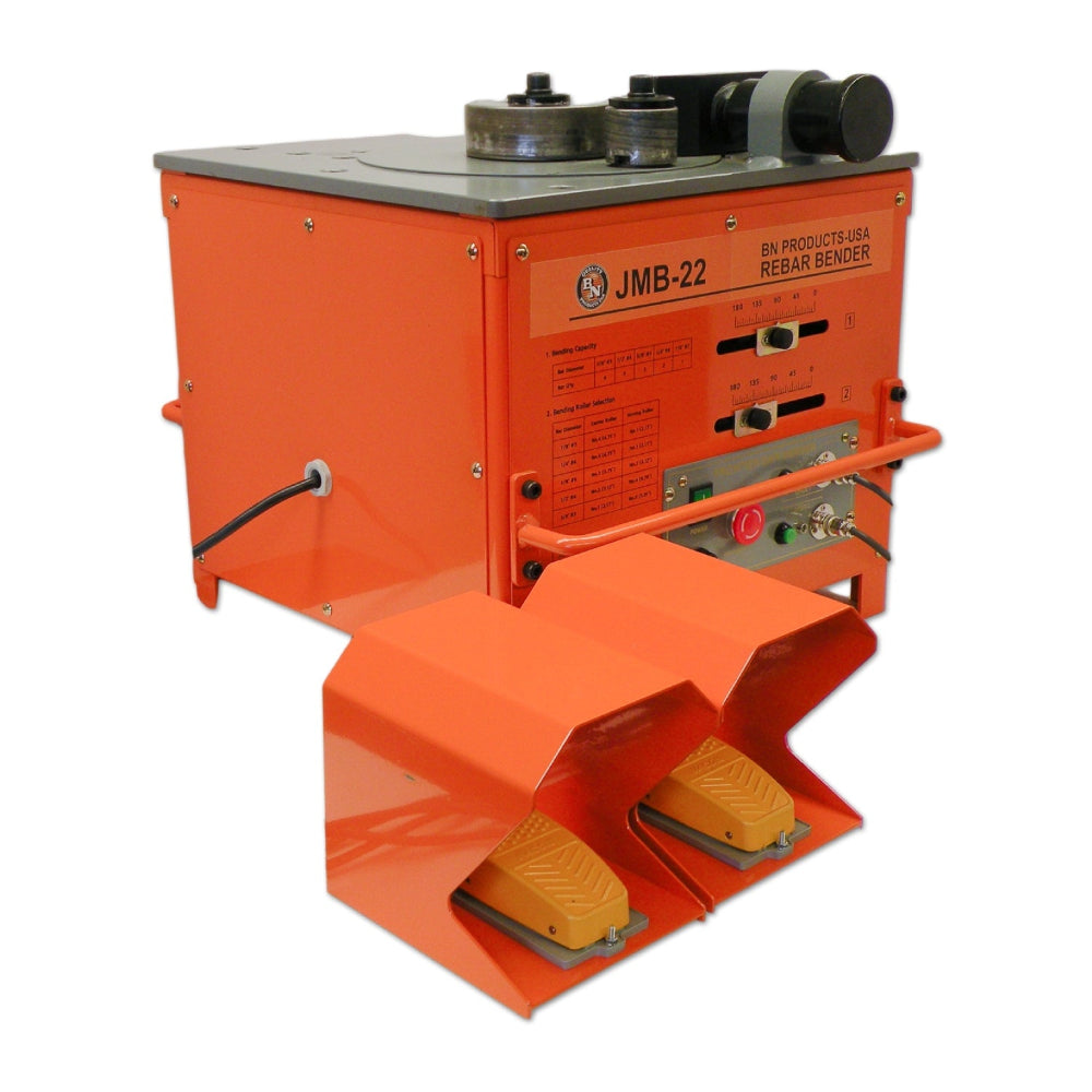 An orange JMB-22 BN Products USA Rebar Bender machine with foot pedals and a gray metal top, shown on a plain white background.