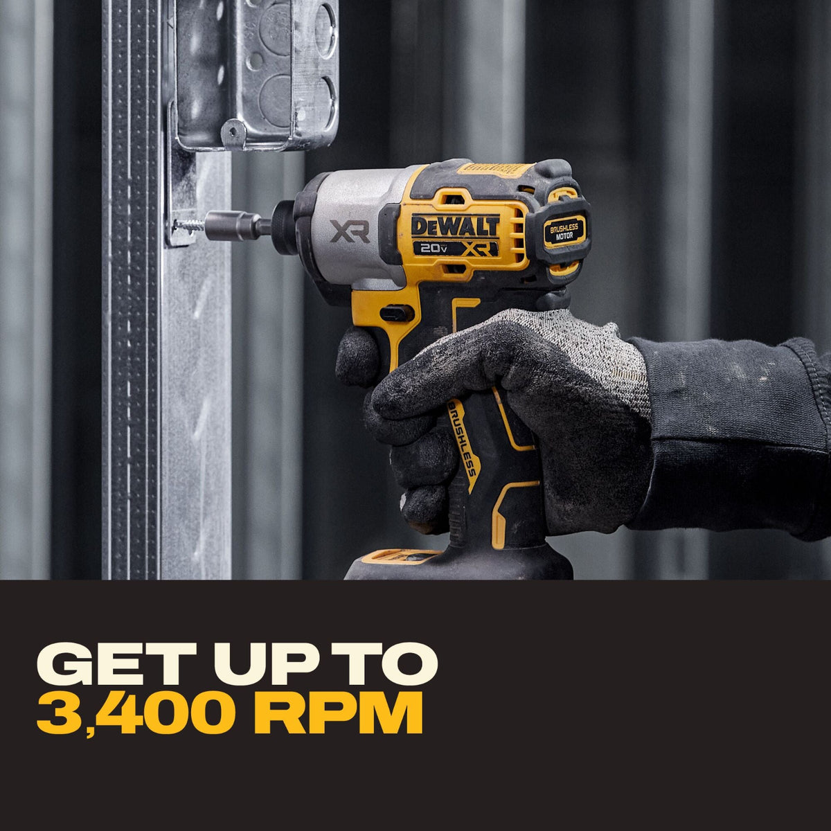 A DeWalt XR cordless impact wrench being used by a gloved hand to drive a screw into a metal wall fixture. The image includes a dark brown banner at the bottom with the text 'GET UP TO 3,400 RPM'.