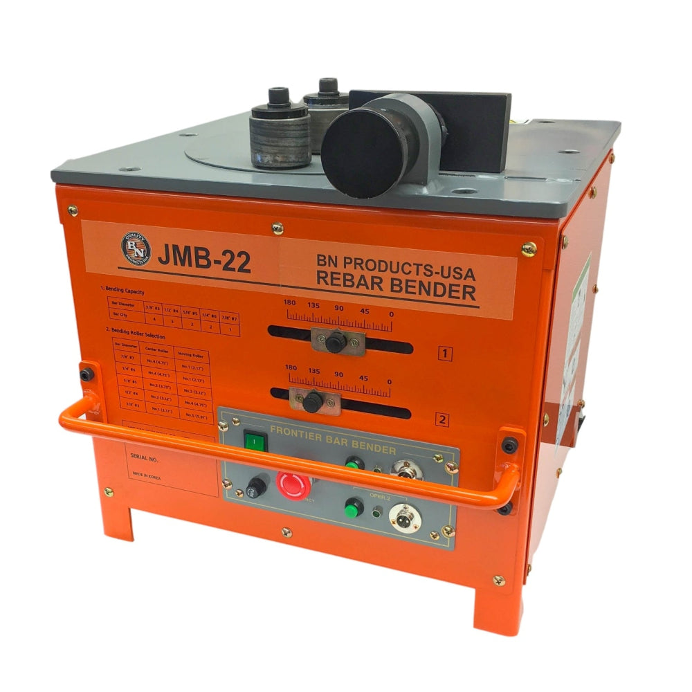 An orange and gray JMB-22 BN Products USA Rebar Bender machine, photographed from a three-quarter angle against a white background.