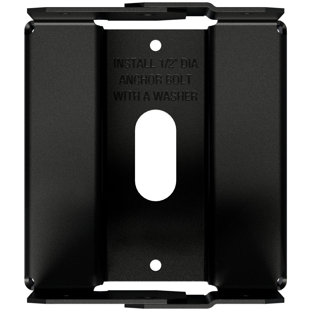 Black metal mounting bracket with pre-drilled holes and embossed installation instructions on the center panel.