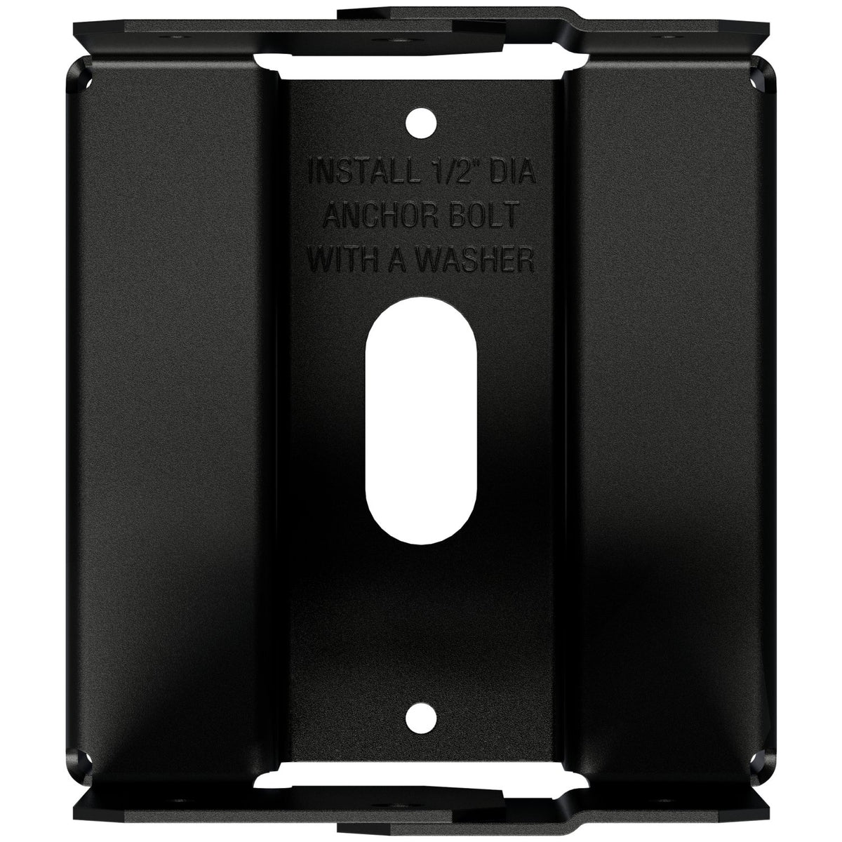 Black metal mounting bracket with pre-drilled holes and embossed installation instructions on the center panel.