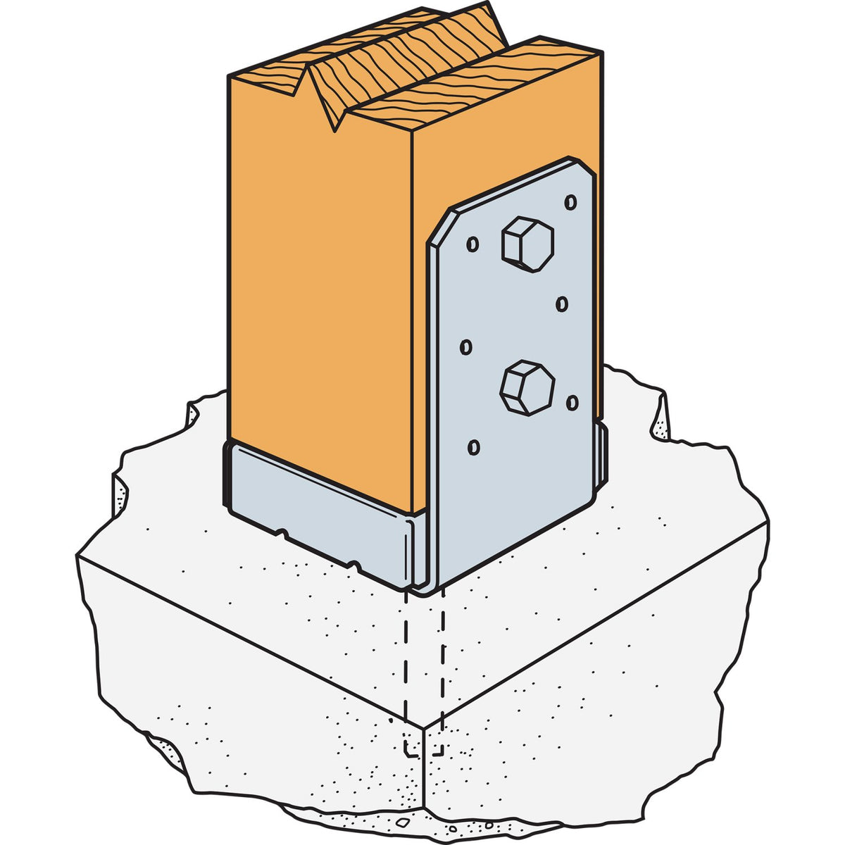 Technical illustration of a metal wall anchor or bracket mounted into a rough concrete wall, with an orange wood block behind it for scale or context.