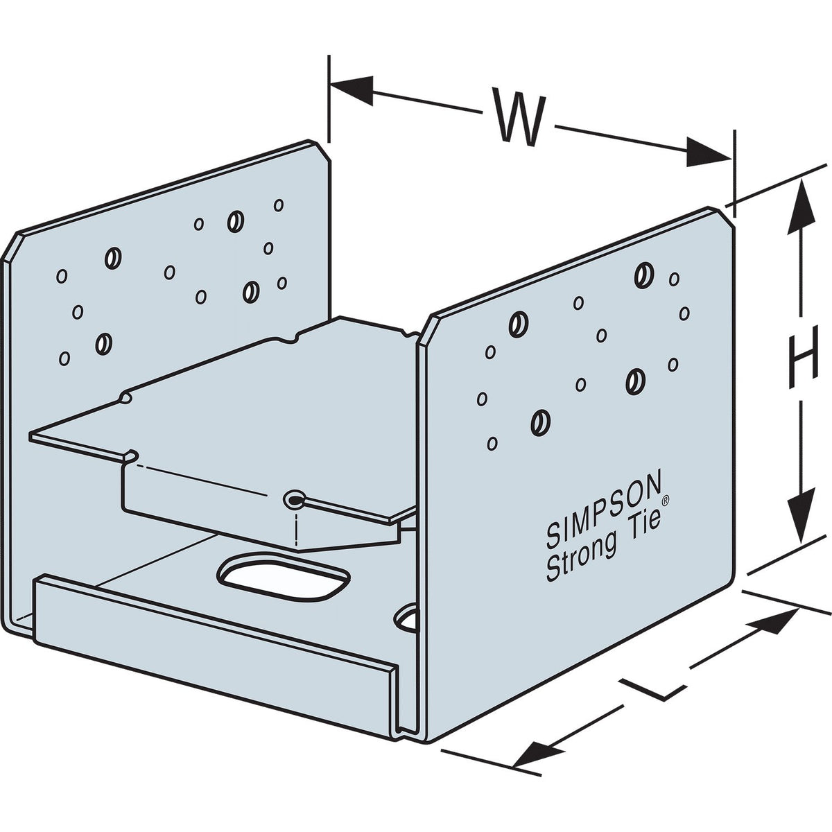 Technical dimension diagram of a Simpson Strong Tie metal bracket, showing width (W), height (H), and depth measurements with arrows on a white background.