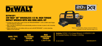 A promotional graphic for the DeWalt DCFP61 20V XR Brushless 1/2 in. High Torque Impact Wrench with HOG Ring Anvil Kit.