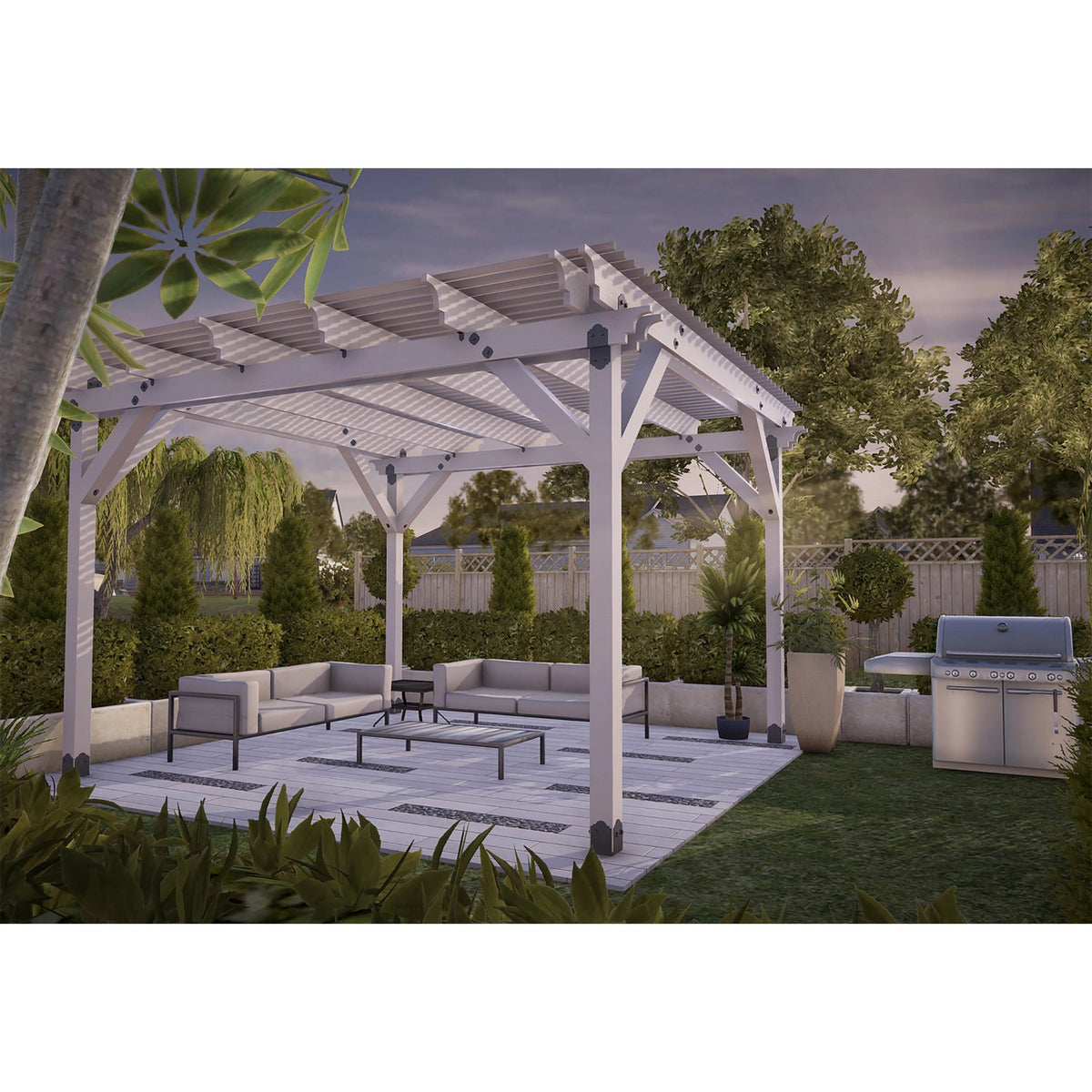 White pergola with outdoor furniture and grill in a backyard setting