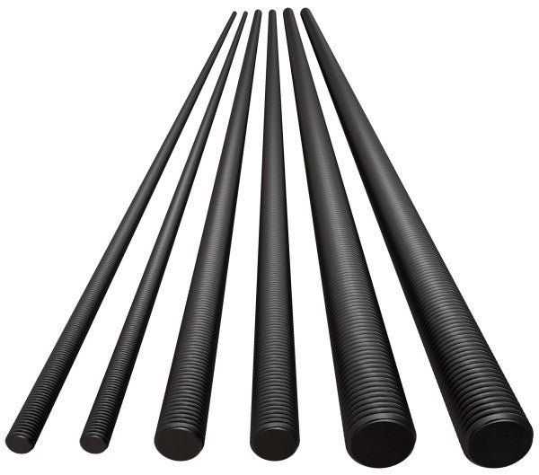 Six long black threaded rods arranged in a fan shape on a plain white background.