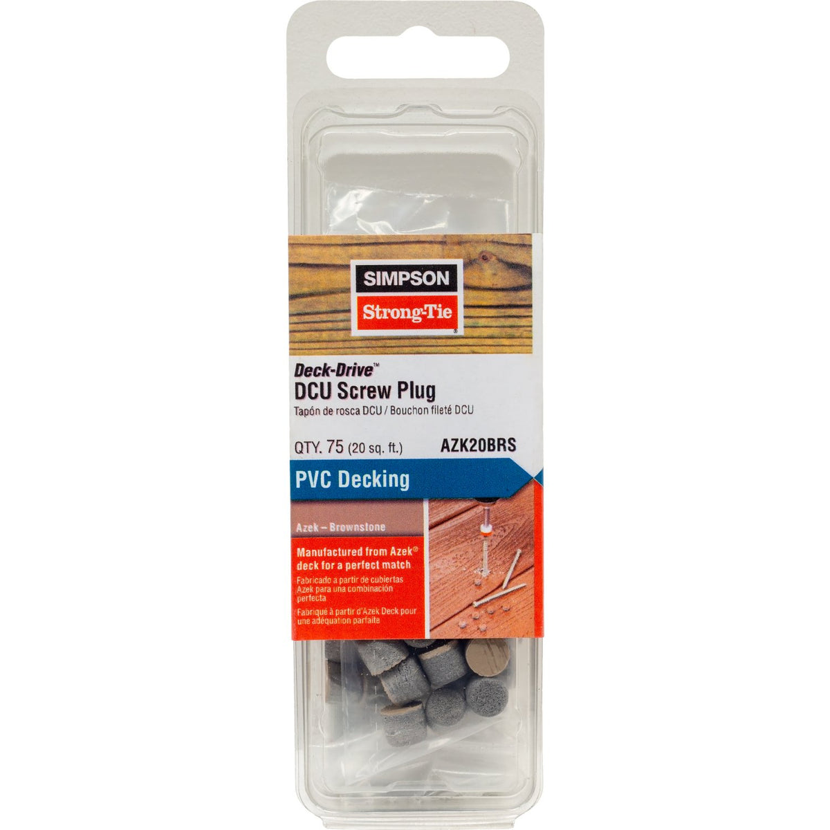 Simpson AZK20BRS Deck-Drive DCU Screw Plug Azek Brownstone PVC Composite Deck Boards 75-Qty