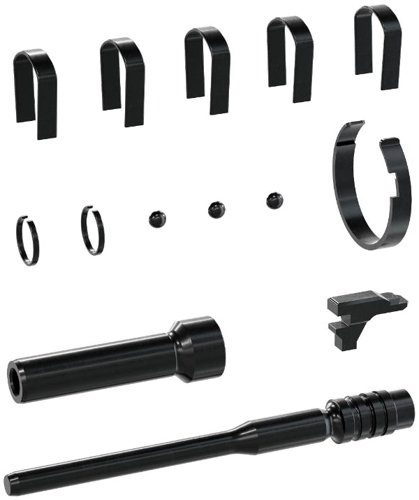 Collection of black mechanical components on a white background