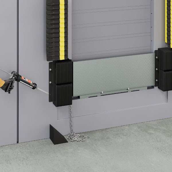 Section of a garage door with a roller and track system.
