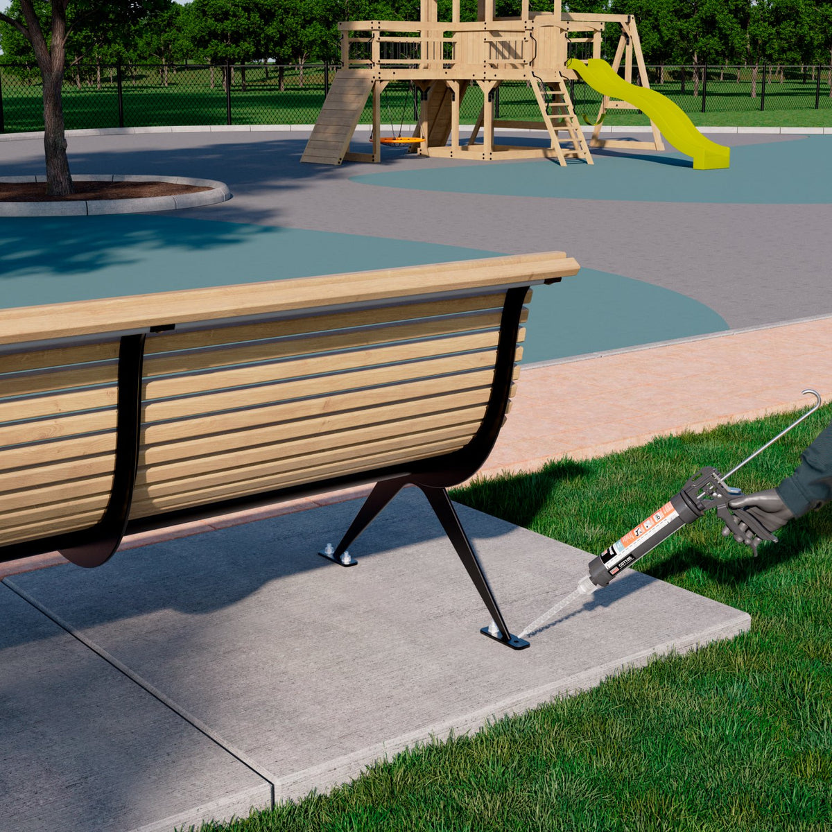 Person using a caulk gun on a wooden bench at a playground.