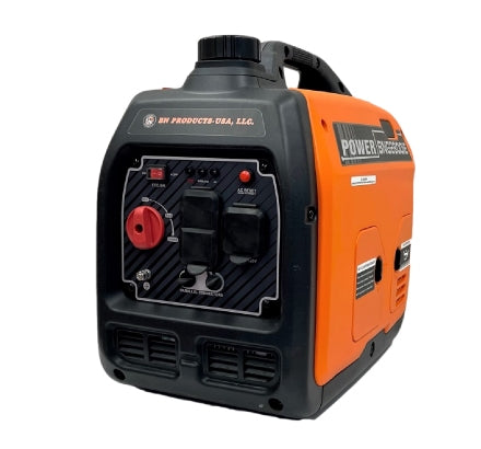 Portable generator with black and orange design on a white background