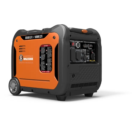 Portable generator with orange and black design on a white background