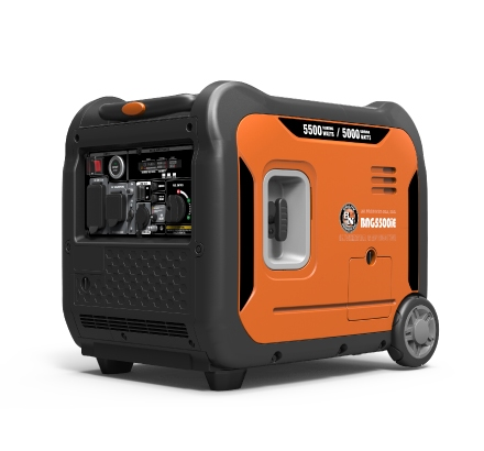 Portable generator with orange and black design on a white background