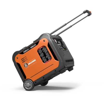 Orange and black portable generator with wheels and handle on a white background