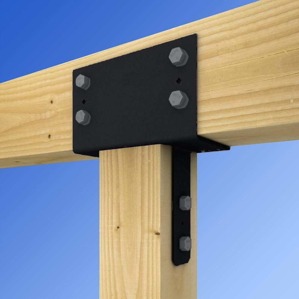 CC Black powder coated column caps installed in a wood beam