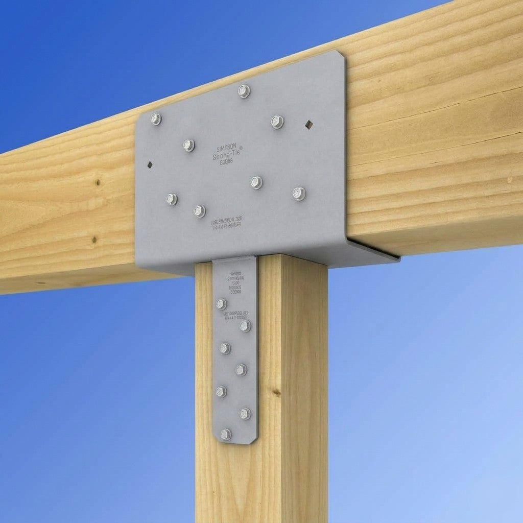 CCQ column cap with rotated straps installed in a wood beam