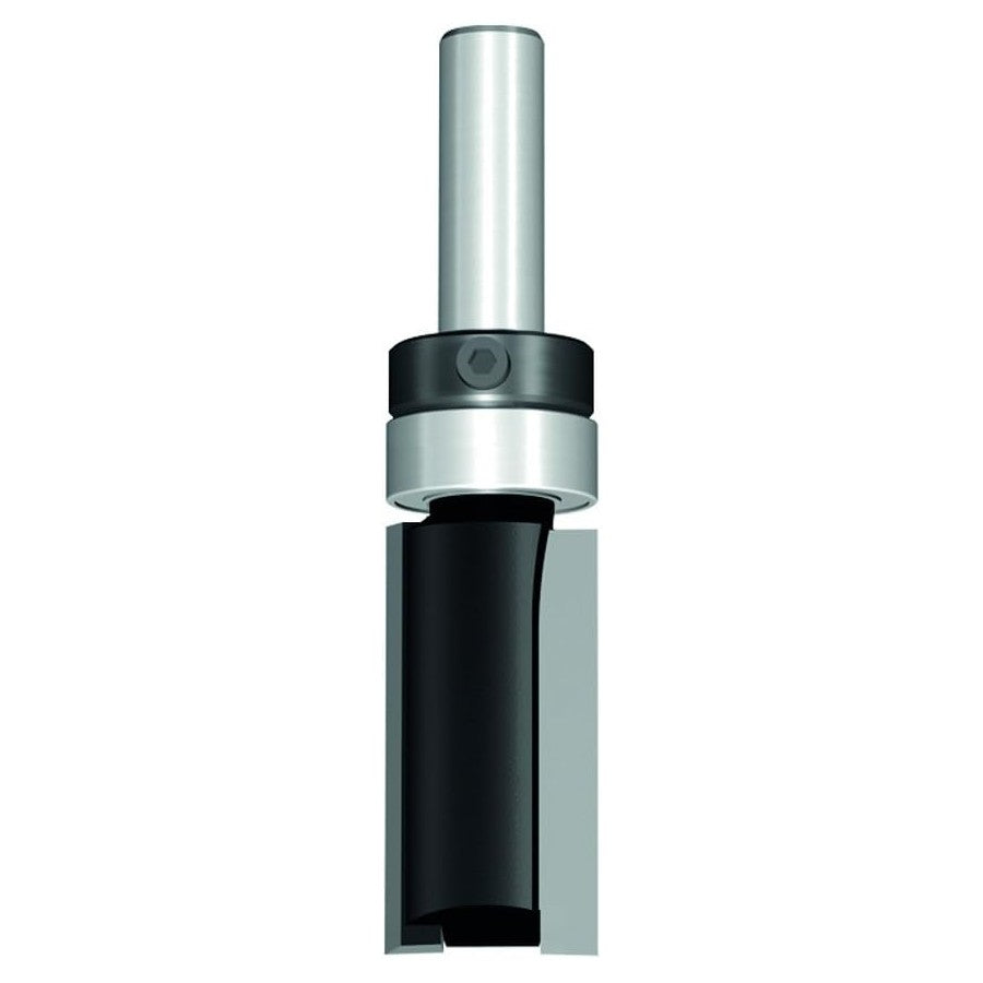 A close-up of a cylindrical metal component with a brushed silver upper section, a black middle band, and a matte black lower section, shown against a light gray background.