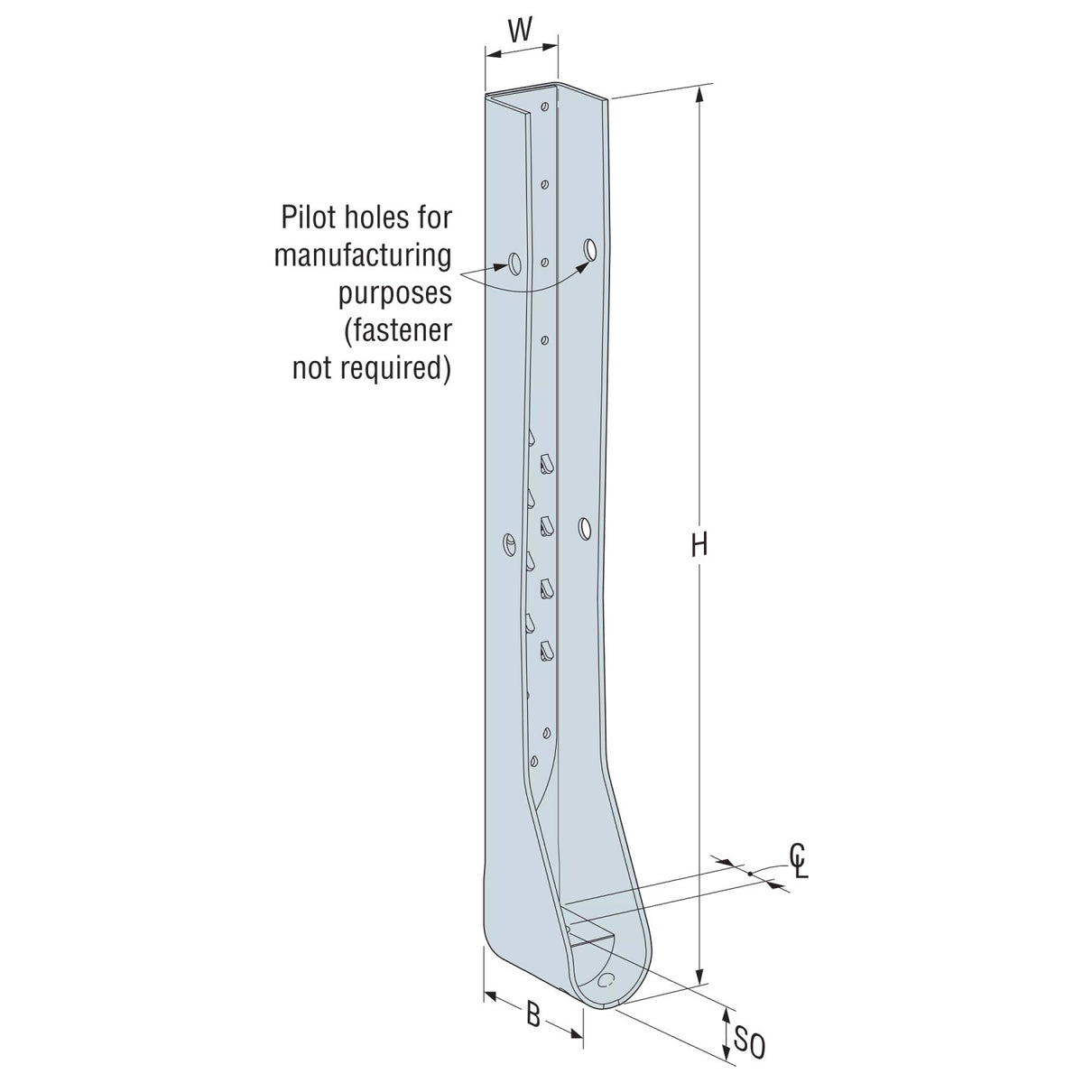 Technical drawing of a metal bracket with dimensions and annotations on a white background