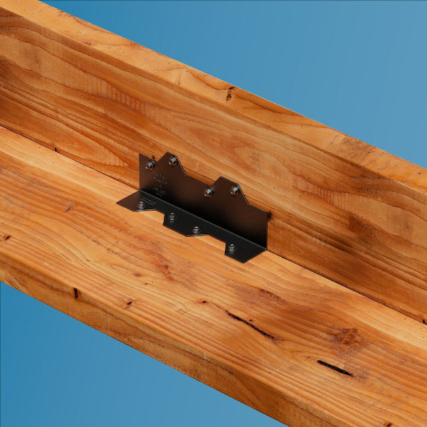 Wooden beam with a metal bracket on a blue background