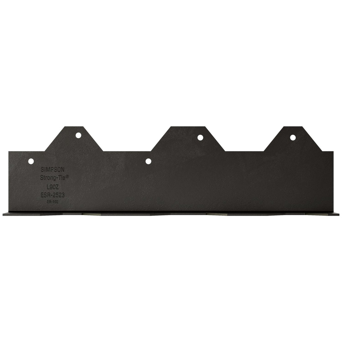 Black metal bracket on a wooden surface with a clear blue background
