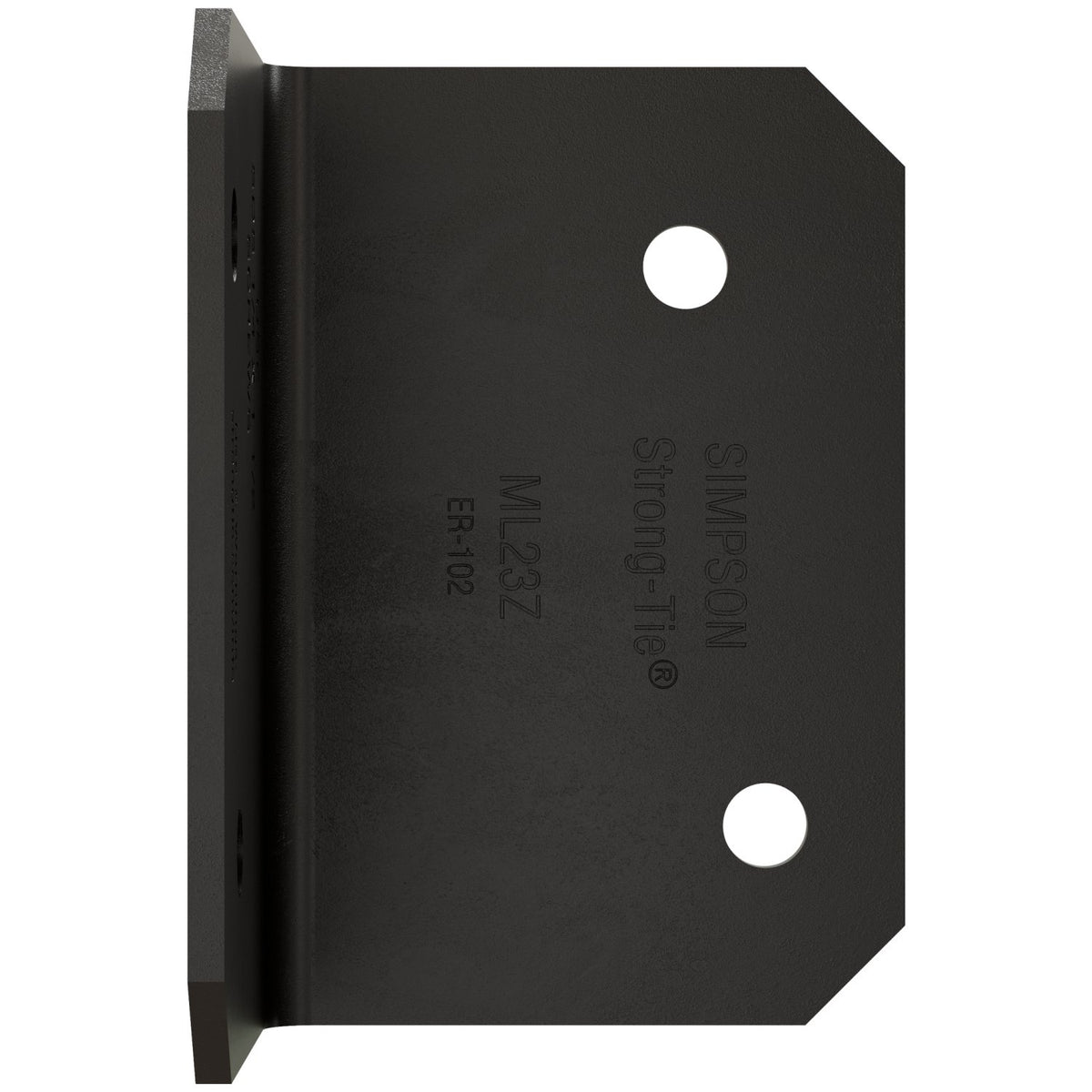 Wooden corner brace with a metal bracket against a clear blue sky