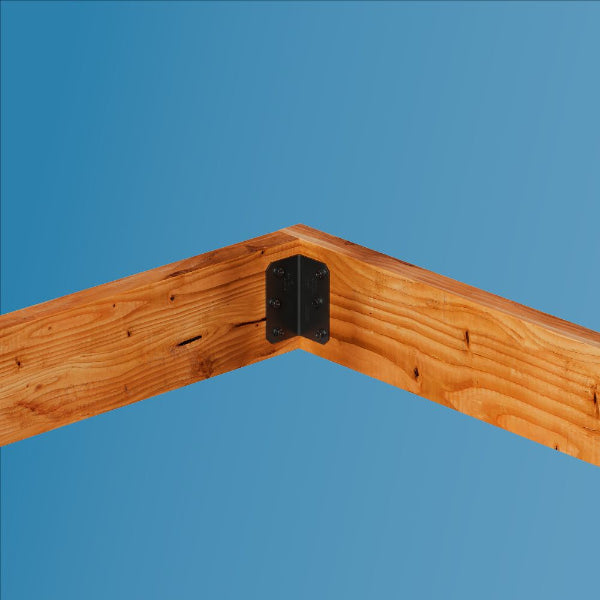 Wooden corner brace with a metal bracket against a blue background
