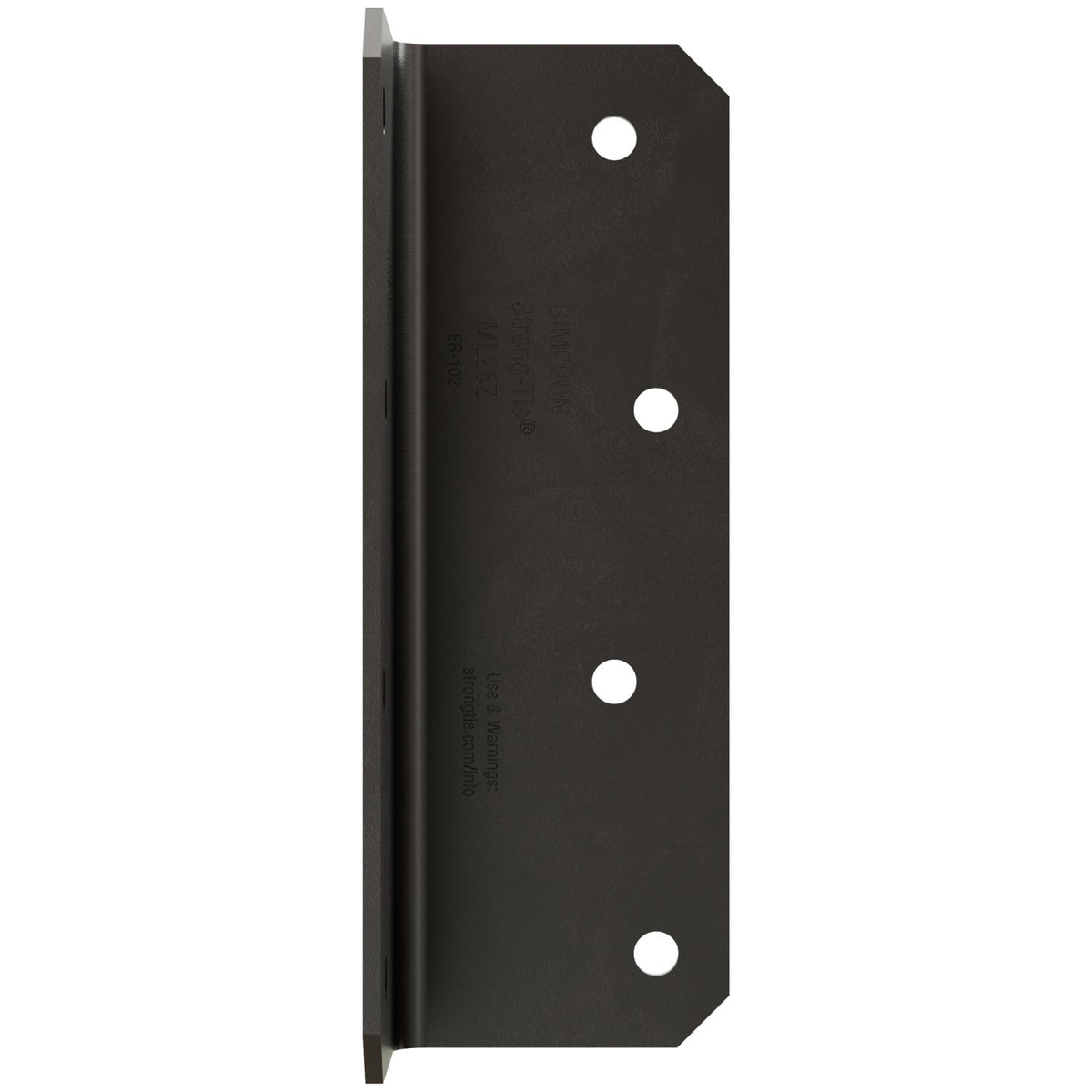 Wooden corner brace with a black metal bracket against a blue background