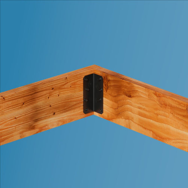 Wooden corner brace with a black metal bracket against a blue background