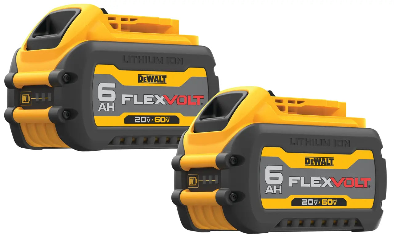 Two DEWALT FlexVolt lithium-ion batteries on a white background