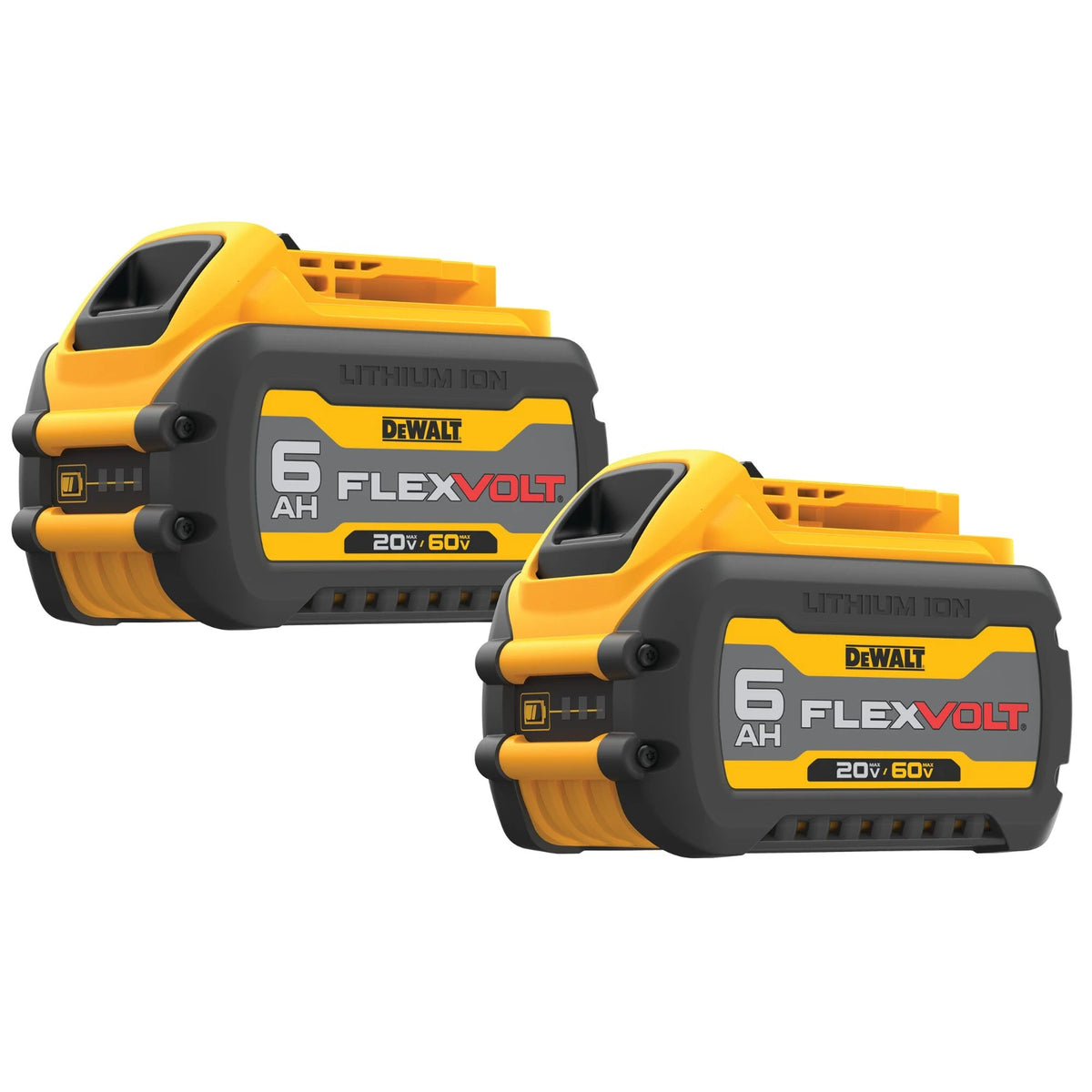 Two DEWALT FlexVolt lithium-ion batteries on a white background