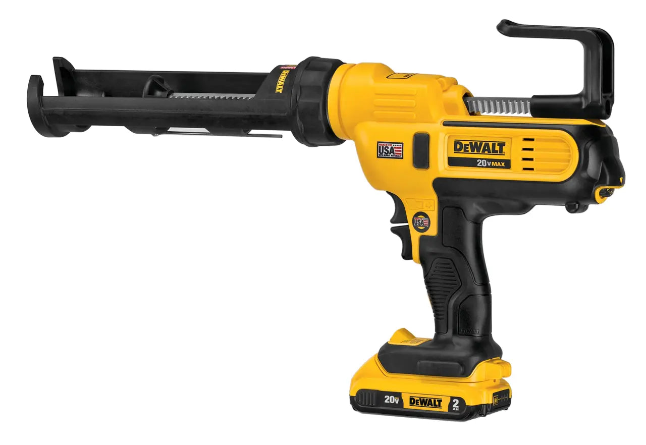 A DeWalt 20V MAX cordless gun adhesive applicator with a yellow and black body, shown against a solid white background.