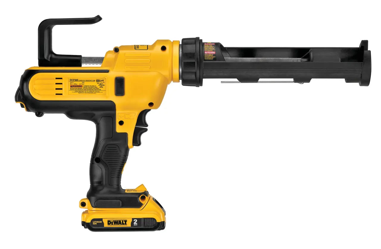 A DeWalt cordless tool with a yellow and black body, featuring a long black attachment nozzle and a hook-like handle, shown on a plain white background.