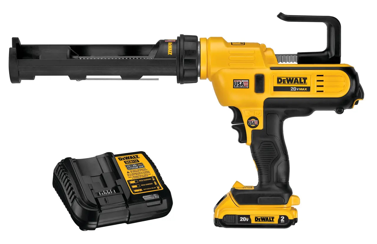 DeWalt cordless caulking gun with battery and charger on a white background