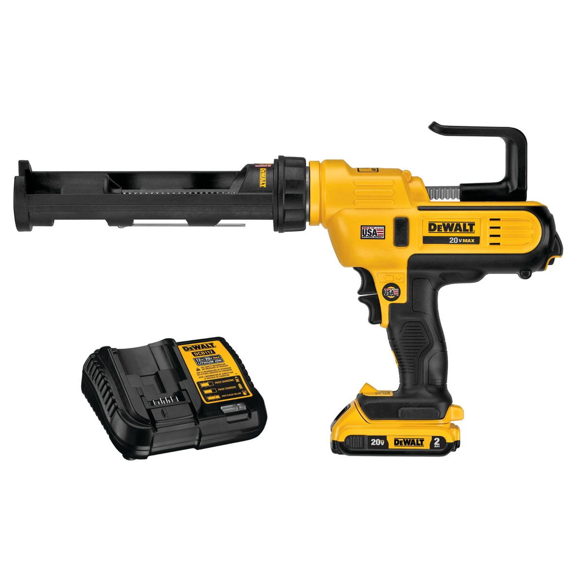 DeWalt cordless caulking gun with battery and charger on a white background