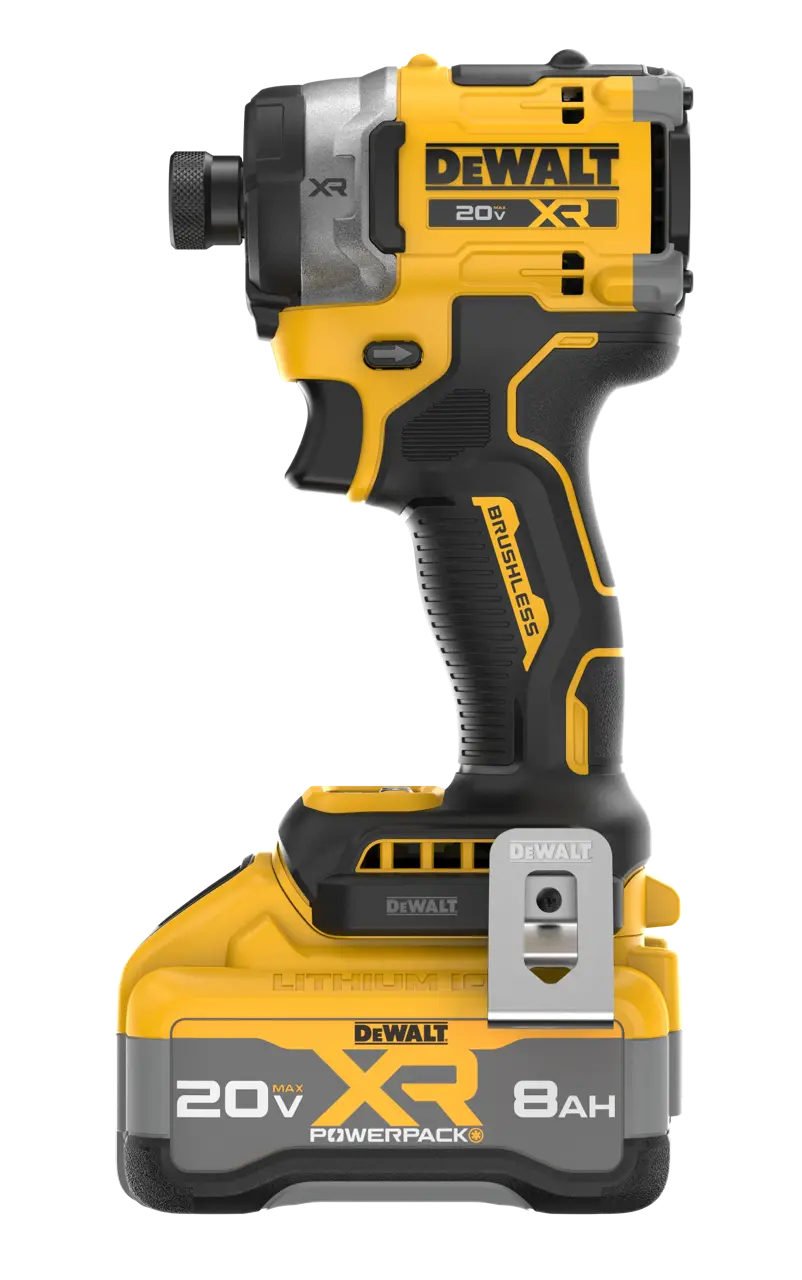 A DeWalt 20V XR cordless impact driver with its matching 8Ah lithium-ion battery pack, shown against a solid white background.