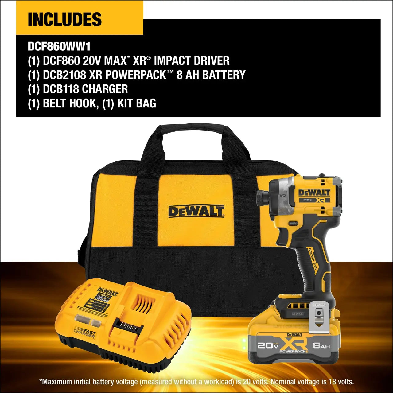 DeWalt DCF860W1 cordless impact driver kit with a yellow and black impact driver, a matching battery, a charger, and a carrying bag, shown on a black background with an 'INCLUDES' text panel and product specifications.
