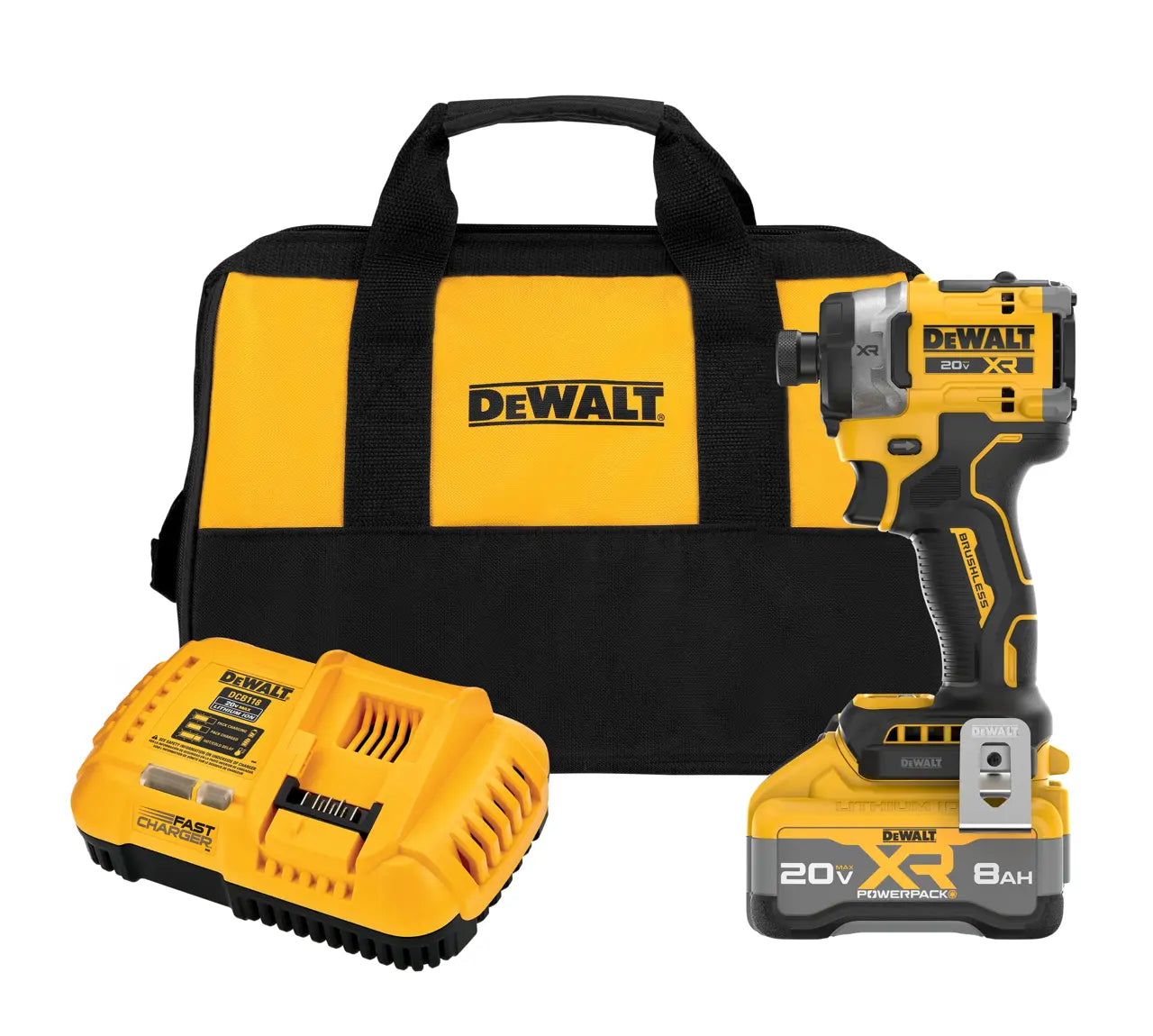 DeWalt cordless Impact Driver Kit with a yellow and black 20V X 8Ah battery, a yellow and black battery charger, and a yellow and black carrying bag, all on a white background.