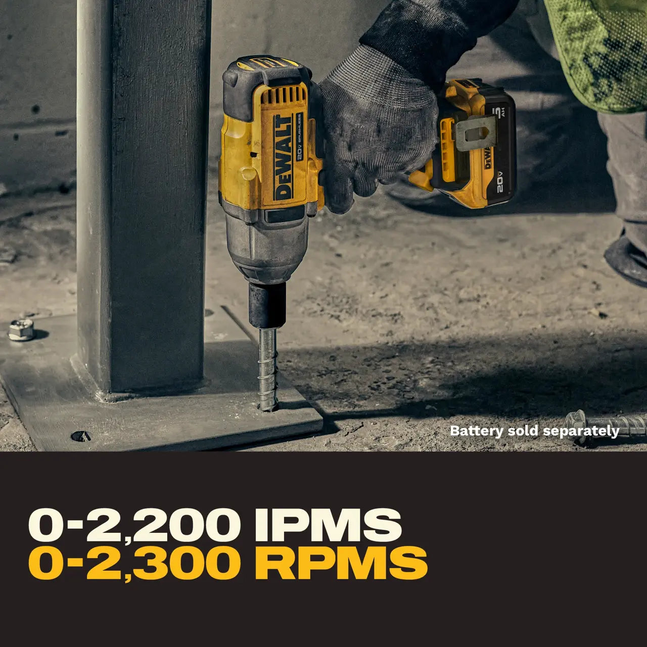 Person using a Dewalt drill on a concrete surface with text indicating RPMs.