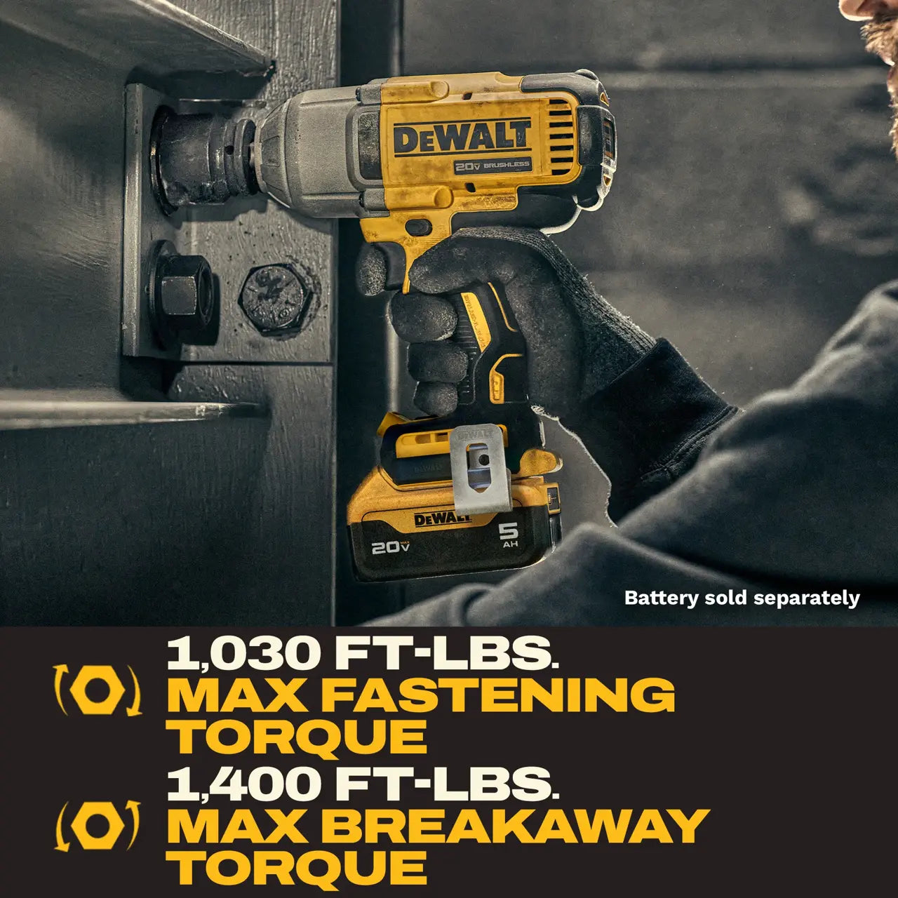 A DeWalt cordless impact driver being used by a person in a dark workshop setting, with text overlays showing torque ratings: 1,030 FT-LBS. MAX FASTENING TORQUE, 1,400 FT-LBS.