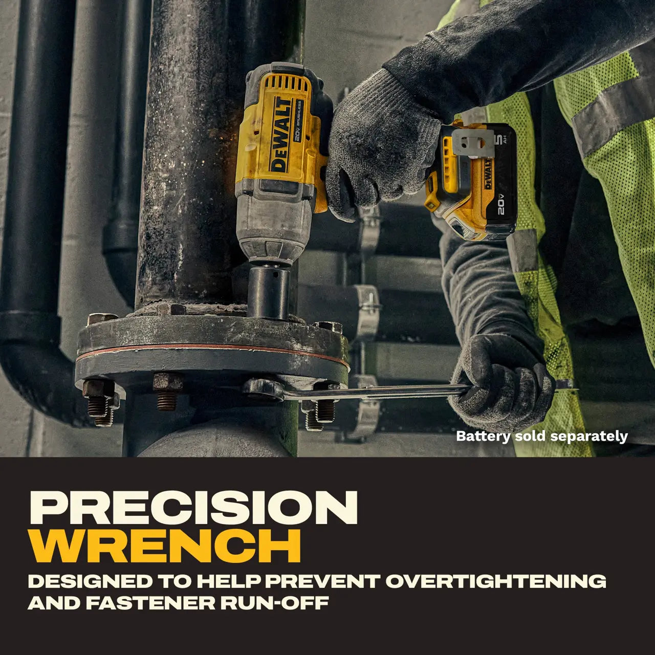 Person using a Dewalt precision wrench on a mechanical component with text about preventing overtightening.