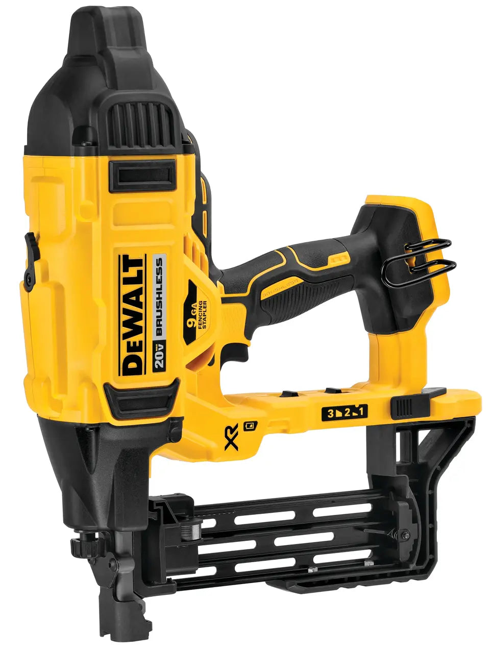A DeWalt 20V Max brushless 3-in-1 stapler gun shown from a three-quarter angle on a solid white background. The tool features the brand's signature yellow and black color scheme with a black magazine base.