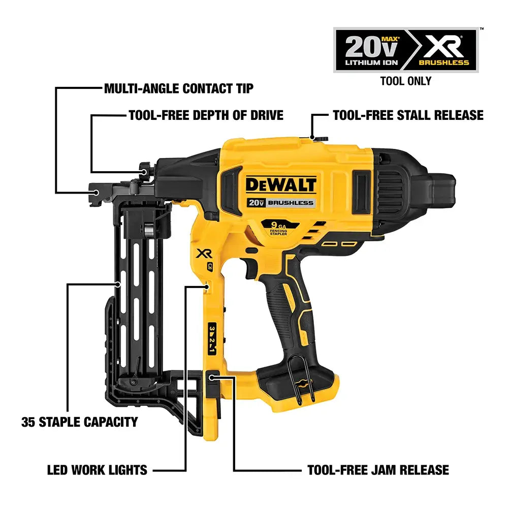 Yellow and black DeWalt XR 20V cordless nailer shown on a white background with callout labels pointing to features such as multi-angle contact tip, tool-free depth of drive, tool-free stall release, 35 staple capacity, LED work lights, and tool-free jam release.