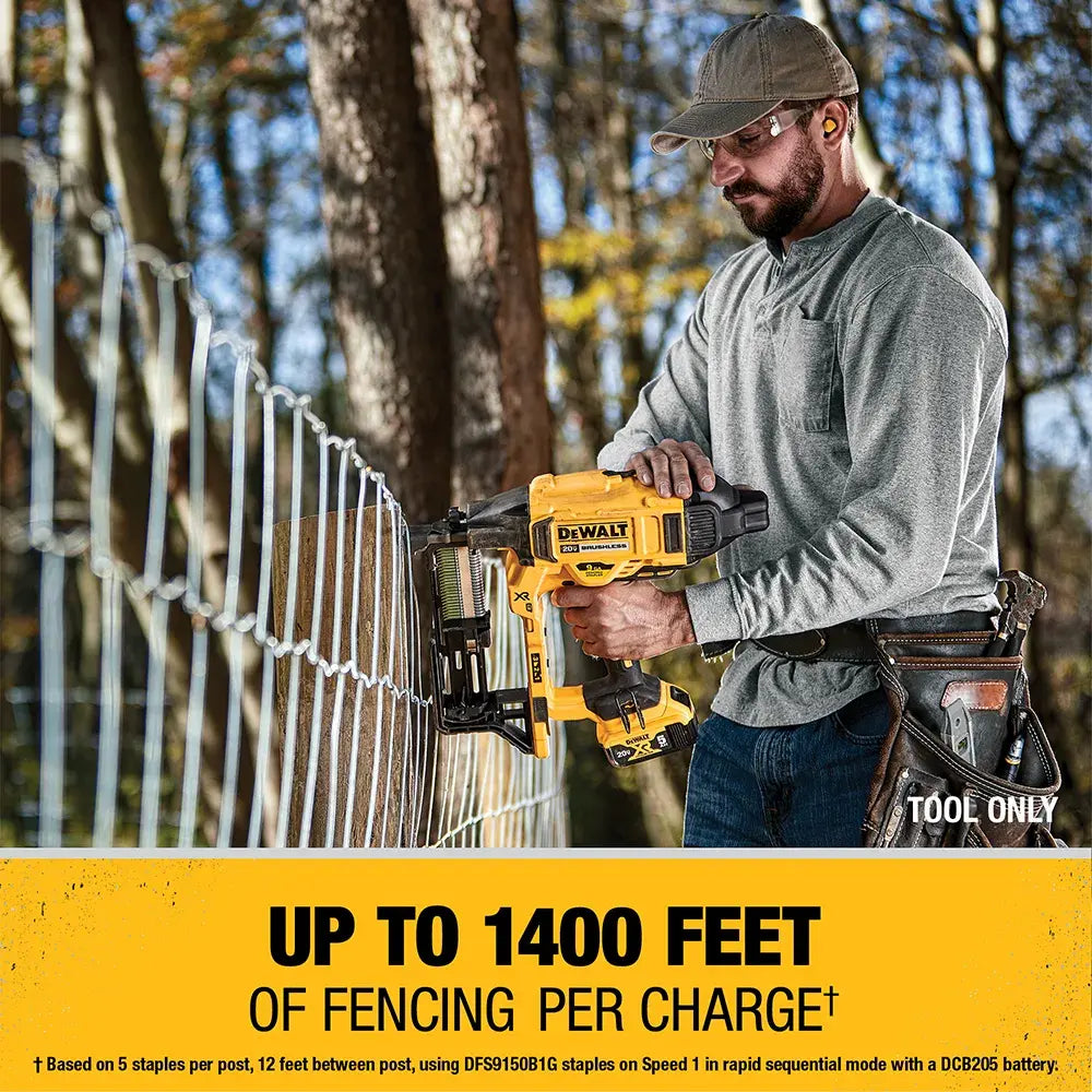 Man using a DeWalt nail gun to install a fence with a focus on the tool's range.