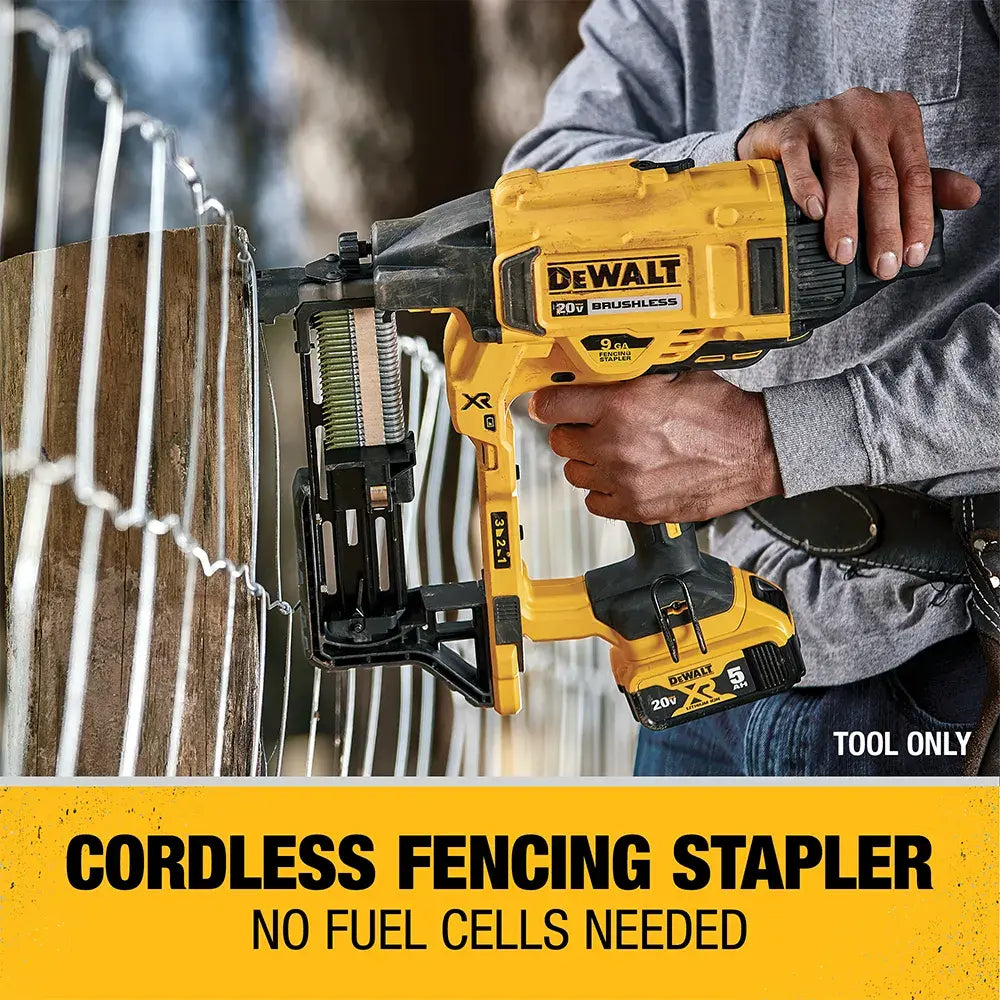 DeWalt cordless fencing stapler being used on a wooden fence with text indicating no fuel cells are needed.
