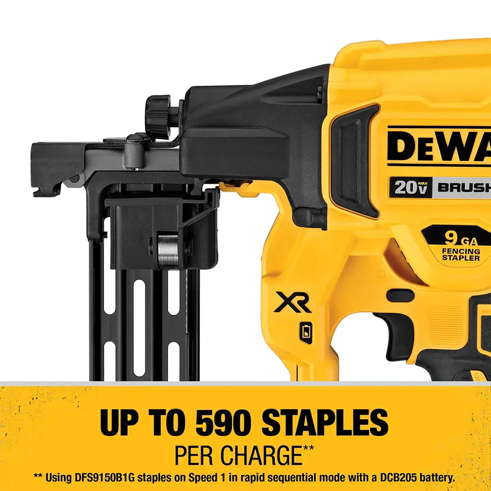 DeWalt XR 20V brushless fencing stapler in yellow and black, shown with a black staple guide attachment. A yellow text banner at the bottom reads 'UP TO 590 STAPLES PER CHARGE'.