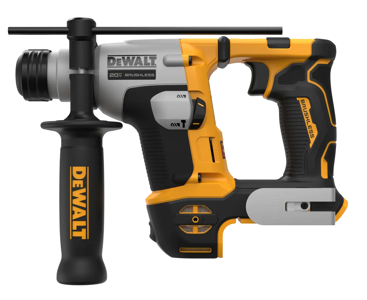A DEWALT 20V Brushless cordless hammer drill with a black and yellow body, featuring a vertical accessory handle, shown on a solid white background.